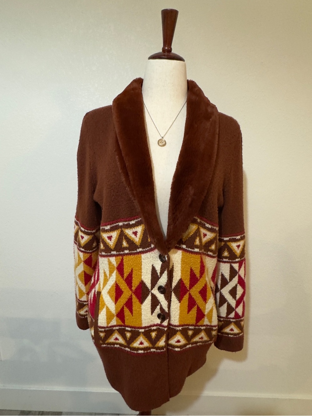 Idyllwind Brown Hooded Geometric Knit Cardigan with Red, Cream & Mustard Accents